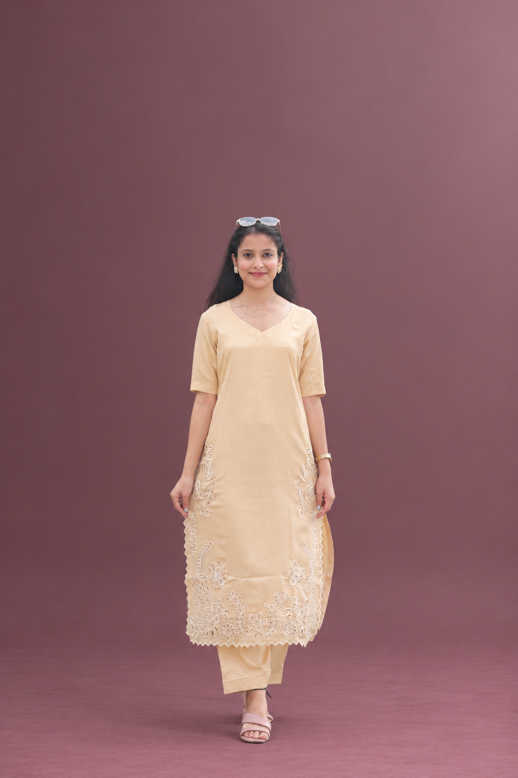 Beige Embroidered Kurta Set