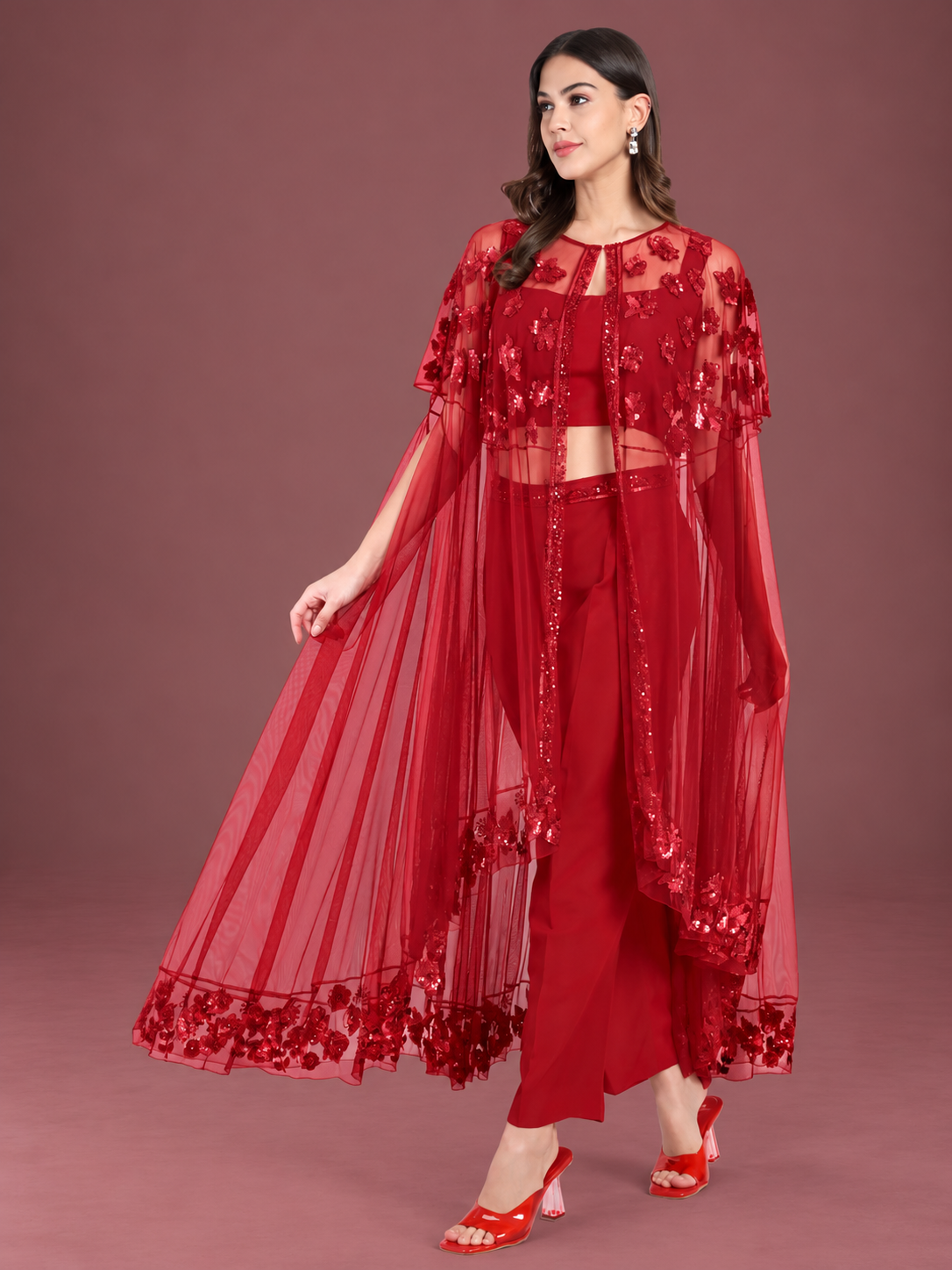 Red Floral Sequin Cape Set