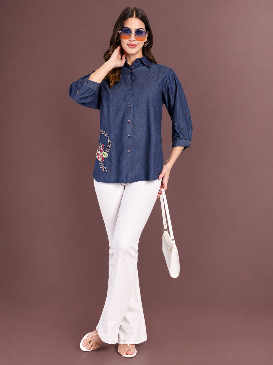 Navy Blue Floral Embroidered Shirt